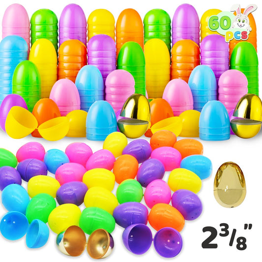 60 Pcs Jumbo Plastic Bright Easter Eggs with Gold Egg, 2.3'' Tall for Easter Hunt, Basket Stuffers Fillers, Classroom Prizes, Filling Treats and Party Favor, Easter Decoration