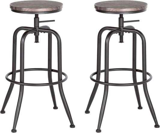 Vintage Industrial Swivel Counter Bar Stools Set of 2, 27''-30'' Adjustable Height Stools for Kitchen Island, round Wood Seat with Metal Frame, Walnut